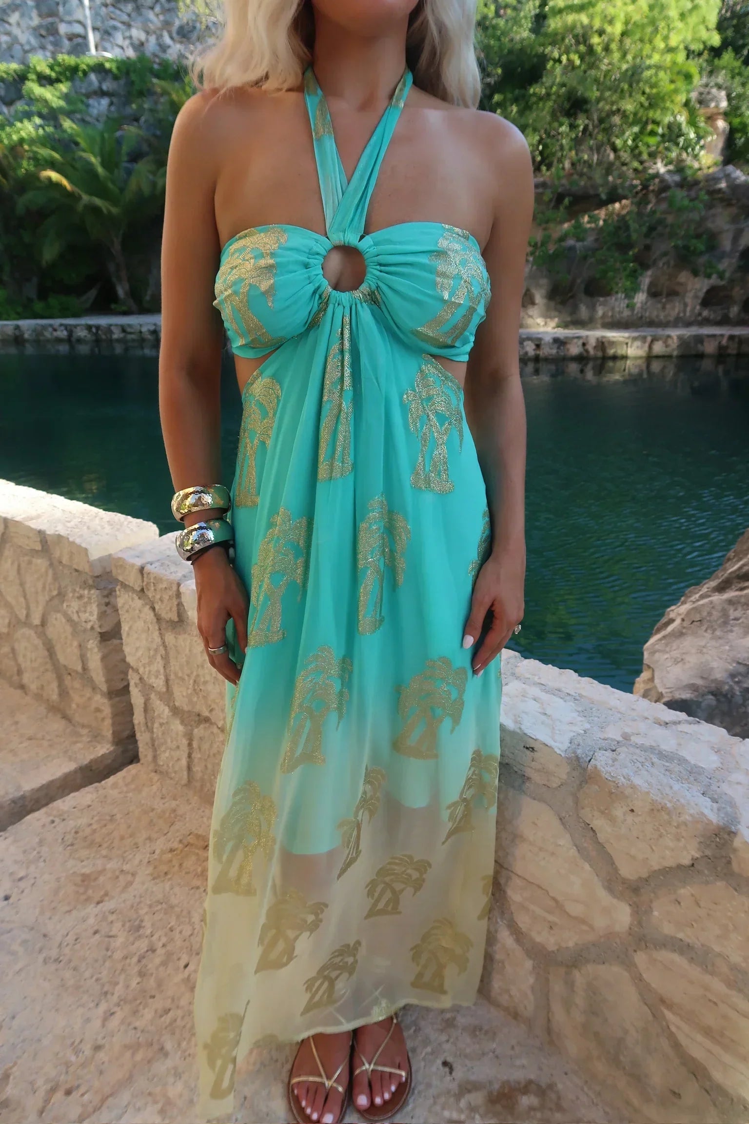 Brianna Halter Dress-Aqua/Gold