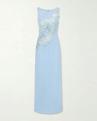 Orchid Embroidered Crew Neck Fitted Maxi Dress - Light Blue