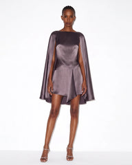 Satin Cape-Sleeve Asymmetric Mini Dress - Mauve