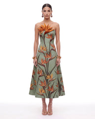 Bird of Paradise Appliqué Strapless A-Line Midi Dress - Sage Green