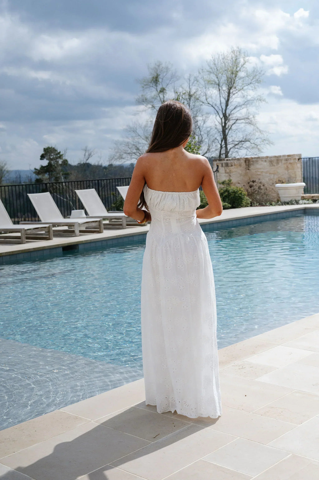 Eyelet Strapless Maxi Dress-Off White