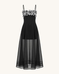 Floral Embroidered Sheer Layered Maxi Dress - Black