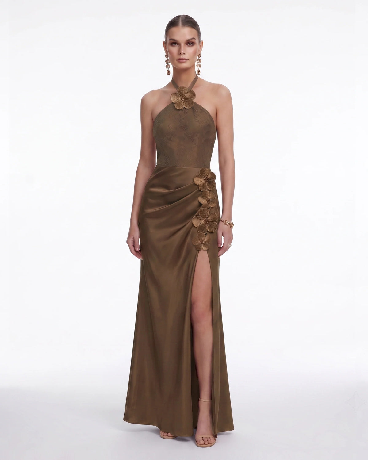 Floral Appliqué Halter Slit Satin Maxi Dress - Brown