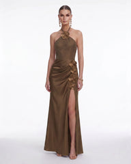 Floral Appliqué Halter Slit Satin Maxi Dress - Brown