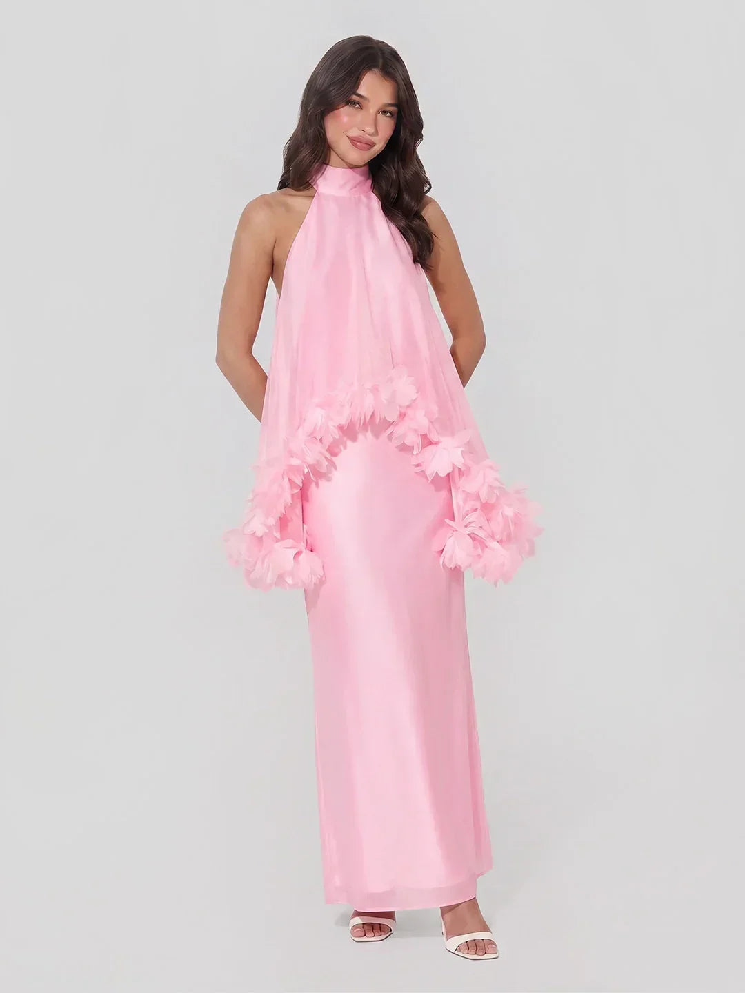 Halter Cape Gown With Finesse Floral Trim