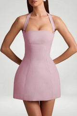 Pinstripe Halterneck Structured A-Line Mini Dress in Mauve