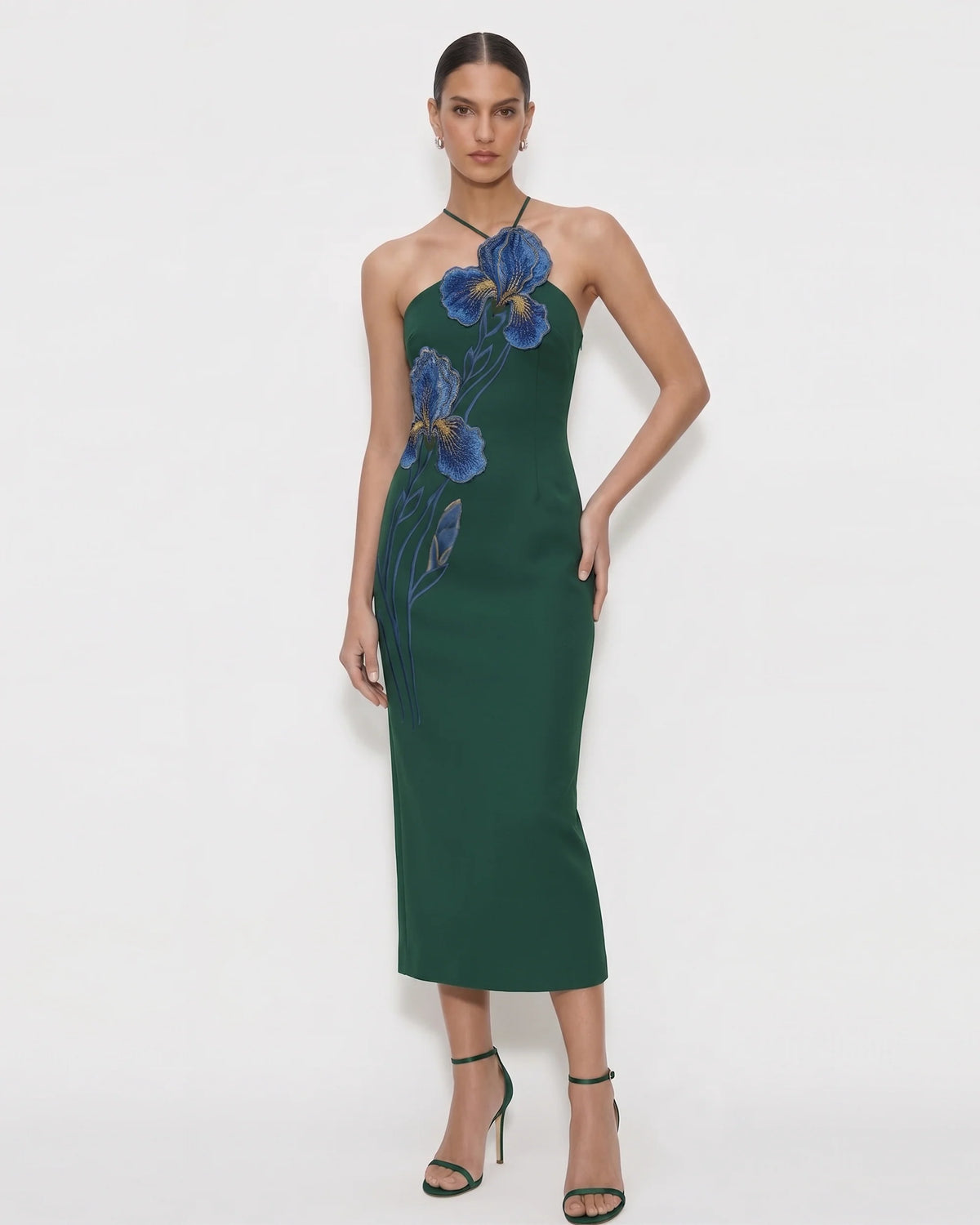 Iris Embroidered Halter Midi Dress - Dark Green
