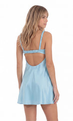 Ruched Open-Back Mini Dress in Light Blue