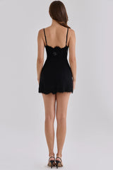Black Georgette Custom Hand Beaded Embellished Lace Trim Mini Dress – Limited Edition