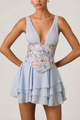 Embellished Ruffled Corset Mini Dress in Floral Blue