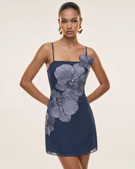 Orchid Appliqué Mini Dress - Dark Blue