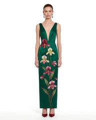 Floral Plunge-Neck Column Maxi Dress - Emerald Green