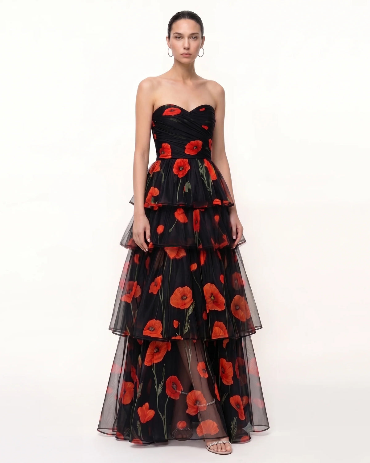 Printed Corn Poppy Tiered Tulle Strapless Maxi Dress - Black