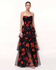 Printed Corn Poppy Tiered Tulle Strapless Maxi Dress - Black