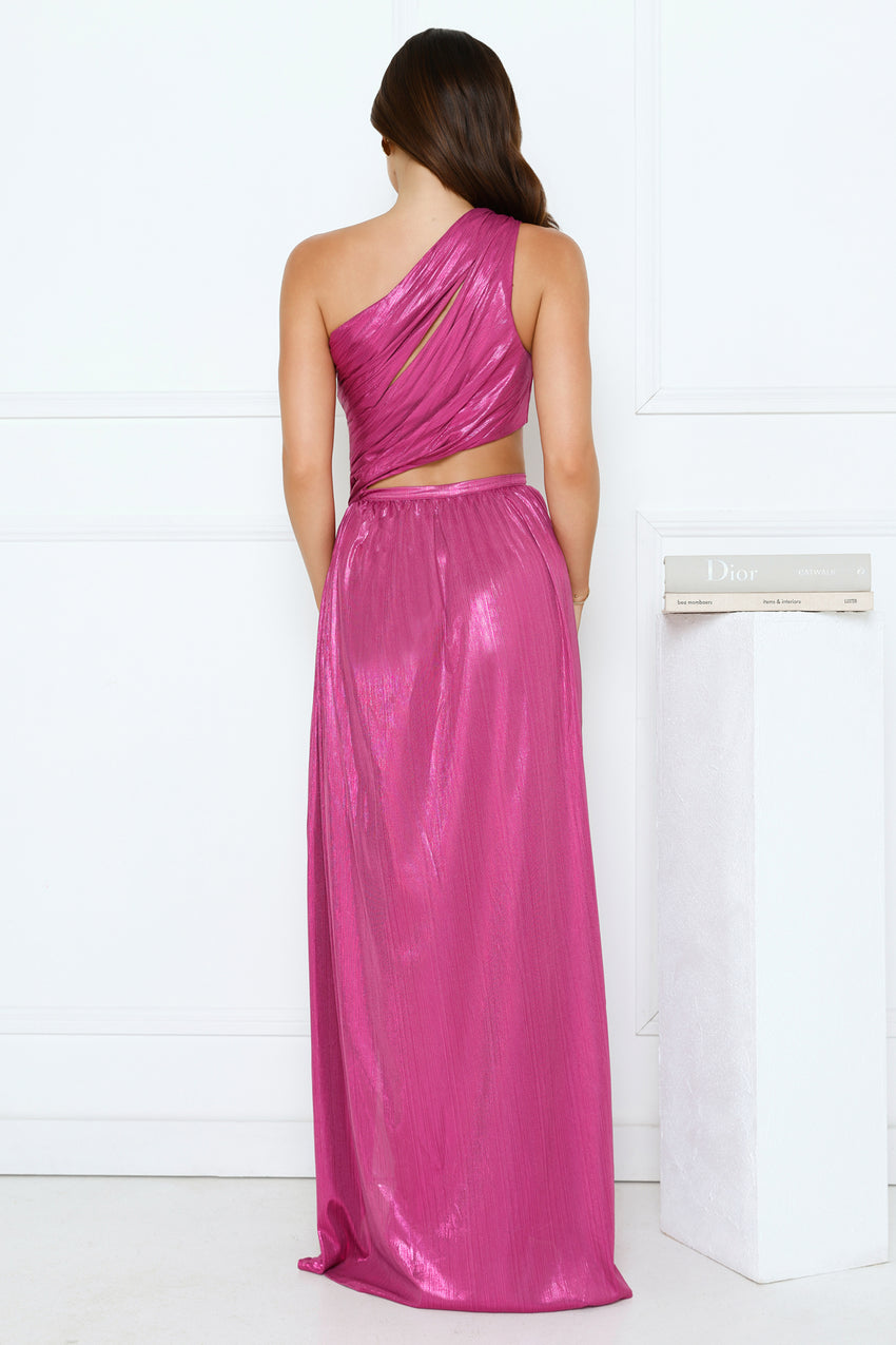 Iridescent Shimmer One Shoulder Maxi Dress Magenta