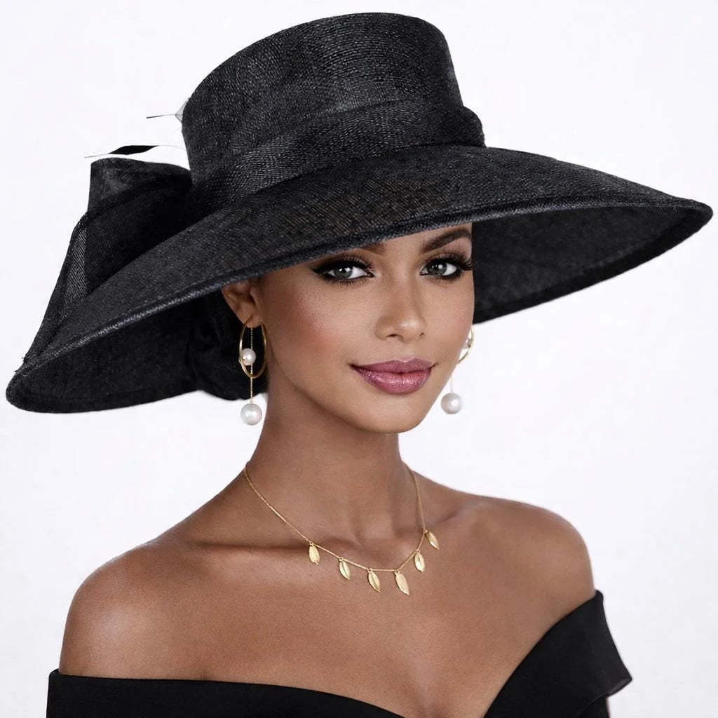 Black  Wide Brim Hat for Women, Kentucky Derby Hat, Church & Ascot Hat, Adjustable Size Elegant Statement Hat