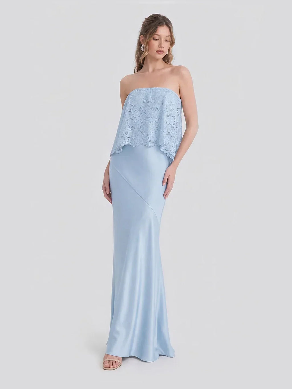 Lace Patchwork Satin Bandeau Maxi Dress