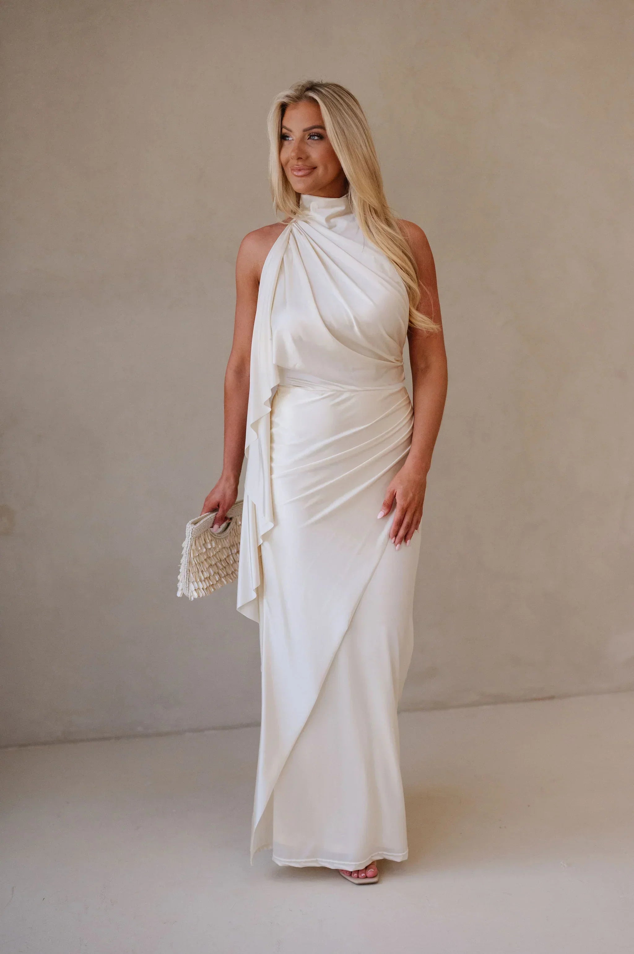 Halter Neck Satin Jersey Maxi Dress-Ivory