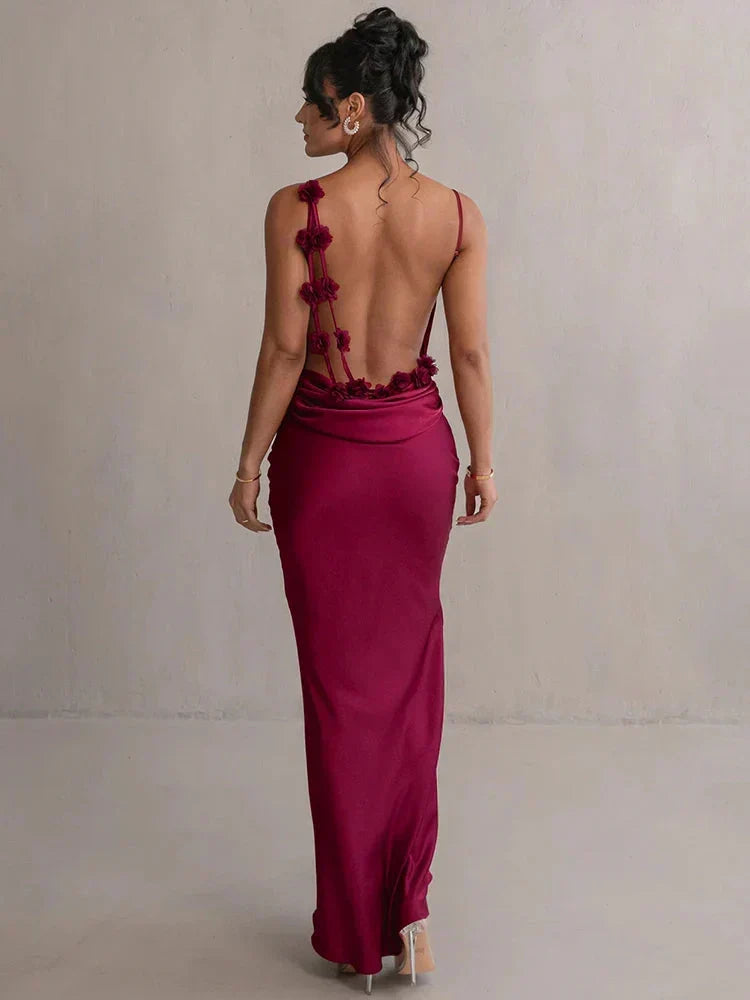 Cassiane - Satin Maxi Dress With Flower Patchwork