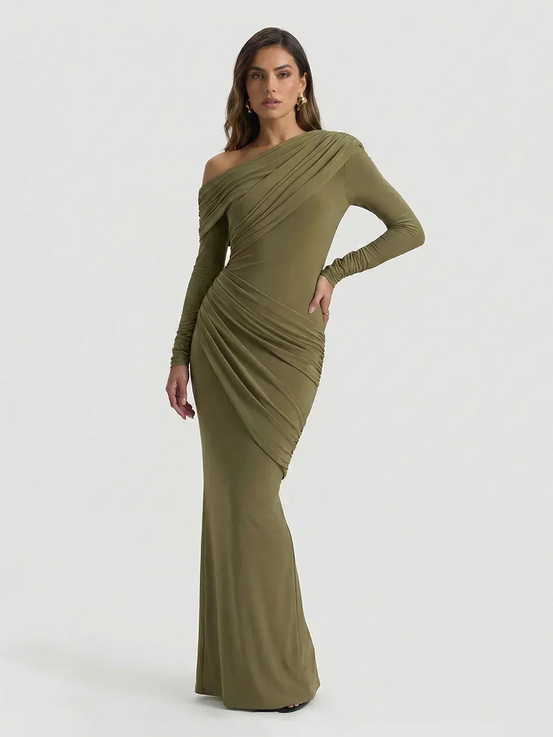 Asymmetric-Neck Maxi Dress With Ruched Detailing