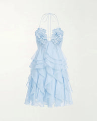 Flower Embroidered Halter Ruffled Mini Dress - Light Blue