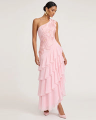 Orchid Embroidered One Shoulder Ruffle Maxi Dress - Pink