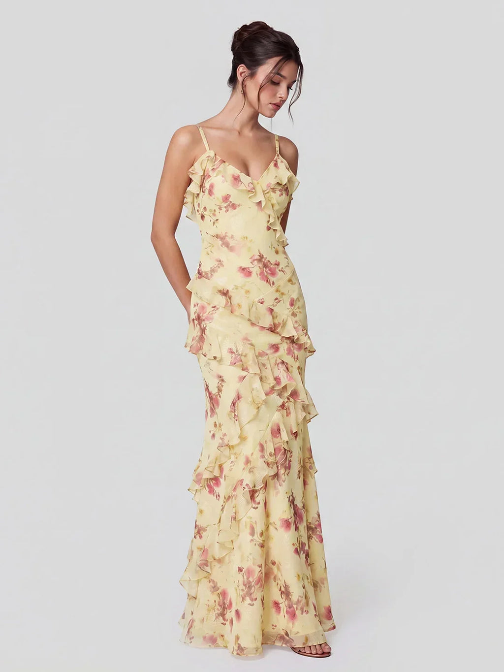 Floral Lace V-Neck Open Back Mermaid Prom Dress