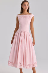 pink cotton broderie anglaise boat neck maxi dress