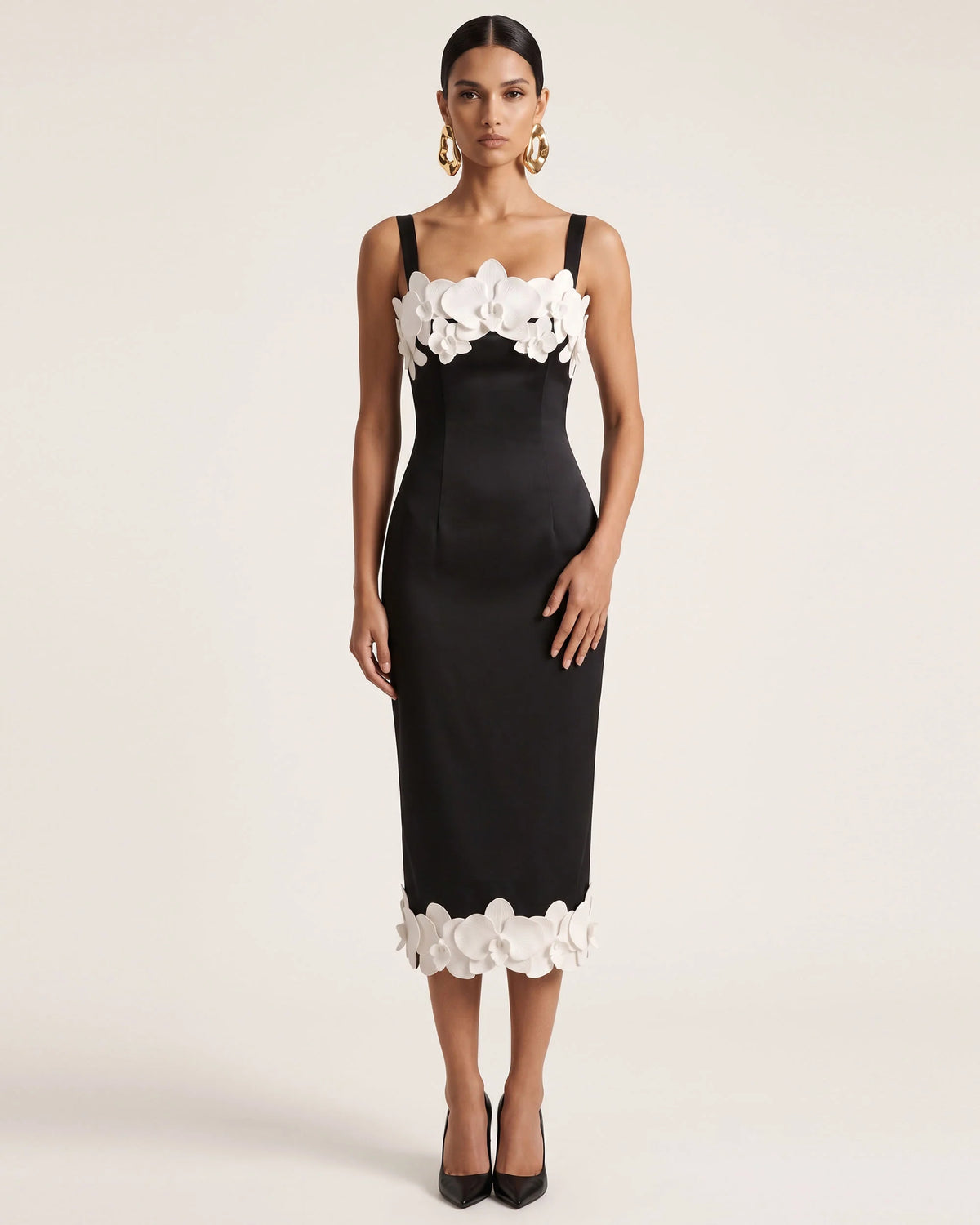 Orchid Embroidered Strappy Square Neck Midi Dress - Black