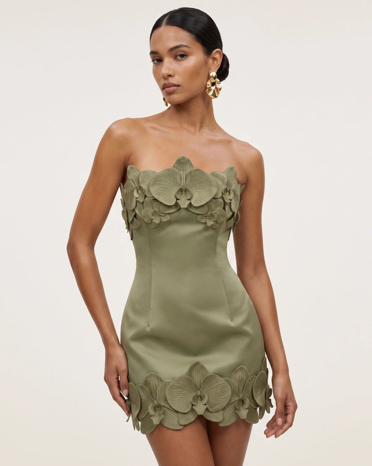 Orchid Trim Strapless Mini Dress - Greyish Green
