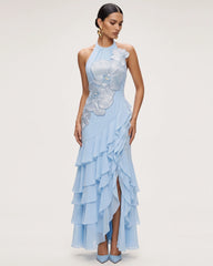 Orchid Embroidered Halter Asymmetric Ruffle Maxi Dress - Light Blue