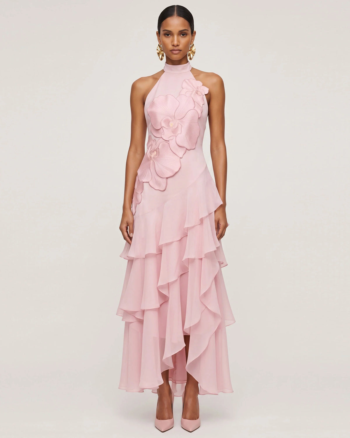 Orchid Embroidered Halter Asymmetric Layered Maxi Dress - Pink