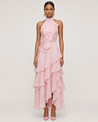 Orchid Embroidered Halter Asymmetric Layered Maxi Dress - Pink