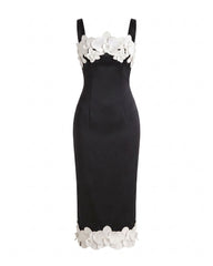 Orchid Embroidered Strappy Square Neck Midi Dress - Black