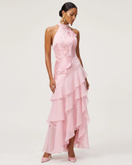 Orchid Embroidered Halter Asymmetric Layered Maxi Dress - Pink