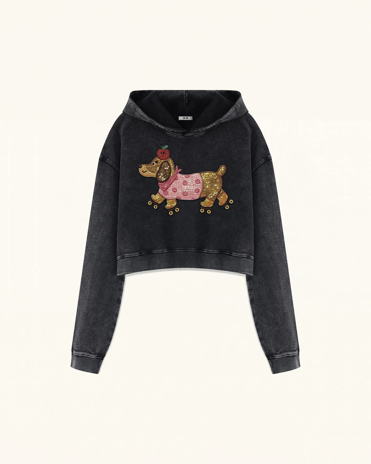 Whimsical Faux Embroidery Dachshund Cropped Hoodie - Black