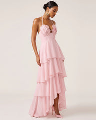 Flower Embroidered Halter Layered Maxi Dress - Pink