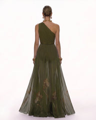 Floral One Shoulder Maxi Dress - Olive Green