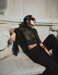 High-Neck Lace T-Shirt With Frill Sleeves