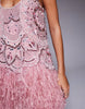 embellished scoop neck mini dress with faux feather hem in pink