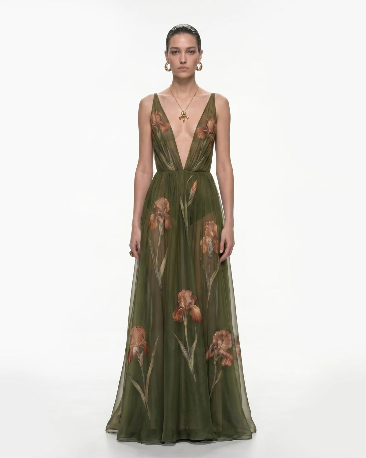 Sheer Floral Print Maxi Dress - Olive