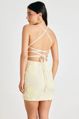 Dominia Pale Yellow Embroidered Lace-Up Mini Dress