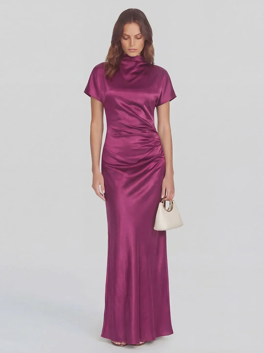 High Boat Neck Stain Maxi Dress With Ruched Detailing