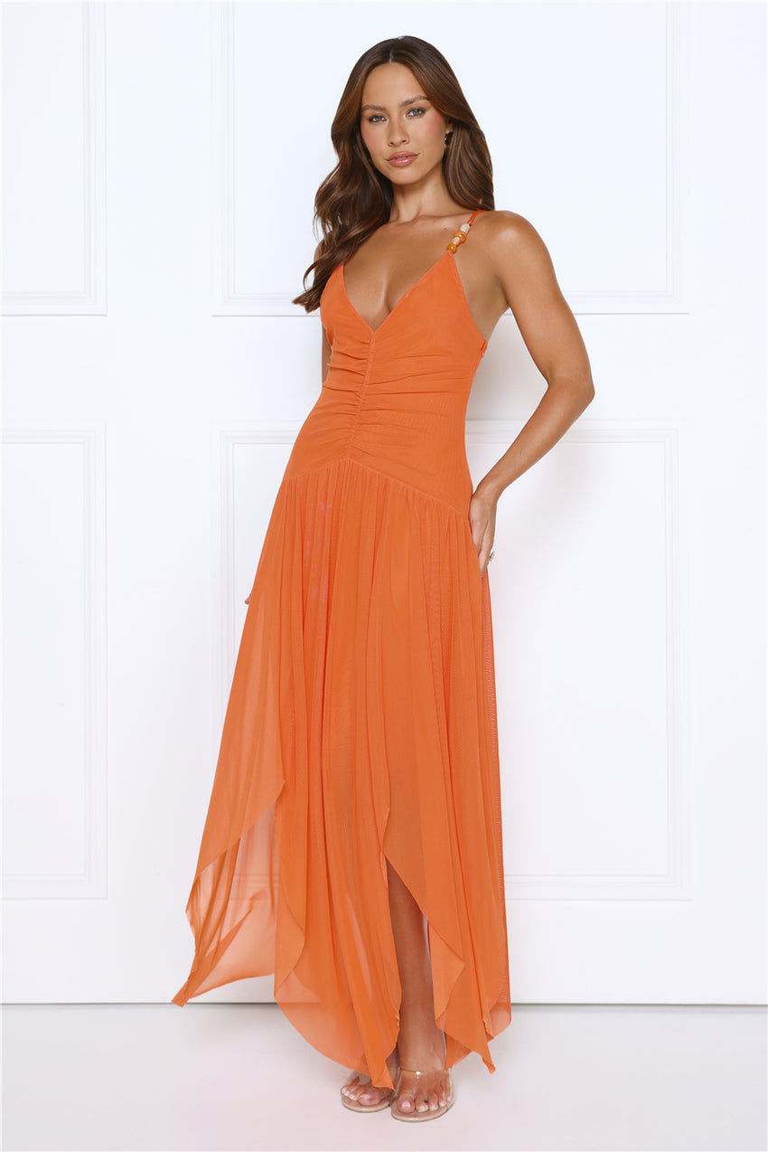 Golden Bloom Mesh Maxi Dress Orange