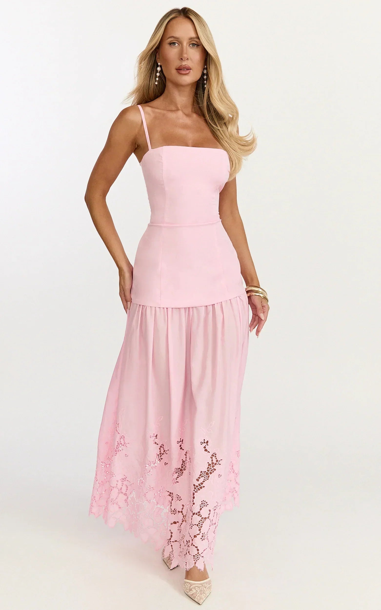 Everly Maxi Dress - Straight Neck Broderie Cut Out Hem Dress In Pink