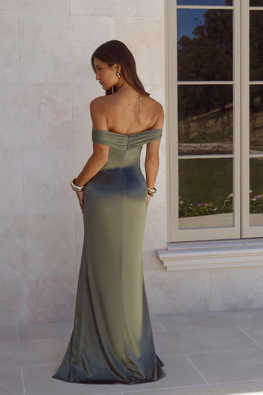Couture Enchantment Off Shoulder Maxi Dress Olive