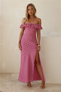Dotted Delight Off Shoulder Maxi Dress Magenta