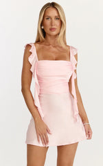 Belrose Mini Dress - Satin Square Neck Ruffle Front Bodycon Dress in Baby Pink