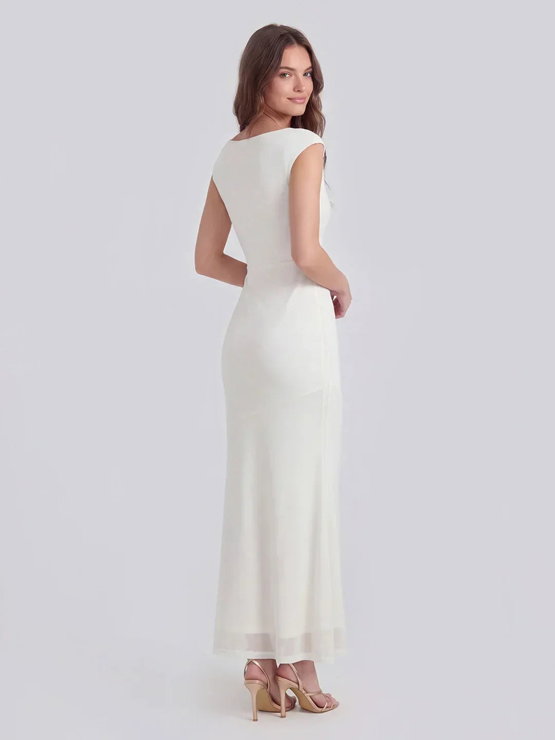 Asymmetric Sleeve Bodycon Gown With Knot-Shoulder Detail