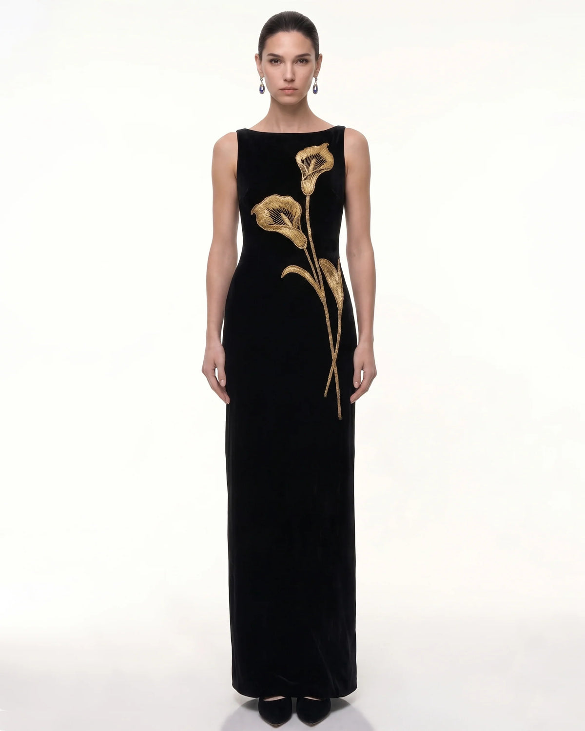 Calla Lily Embellished Velvet Column Maxi Dress - Black
